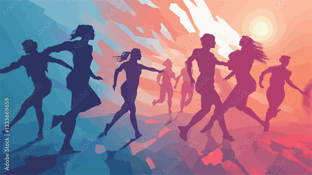 The image is a stylized vector illustration depicting a group of female silhouettes running towards a vibrant sunset or sunrise. The color palette consists of warm oranges and pinks in the The image is a stylized vector illustration depicting a group of female silhouettes running towards a vibrant sunset or sunrise. The color palette consists of warm oranges and pinks in the