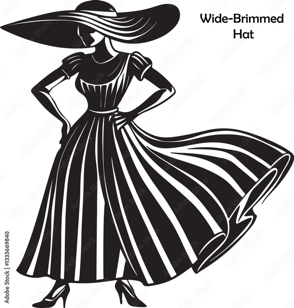 Fototapeta premium Elegant Woman in Wide-Brimmed Hat - Black Silhouette Vector Illustratio