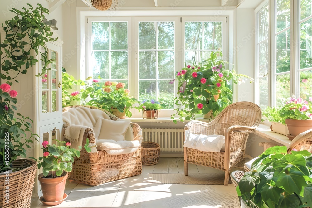 Sunlit Sanctuary: Wicker Chairs and Blooming Plants Bask in Abundant Sunlight, Creating a Serene Indoor Garden Oasis for Relaxation and Tranquility. Sunlit Sanctuary: Wicker Chairs and Blooming Plants Bask in Abundant Sunlight, Creating a Serene Indoor Garden Oasis for Relaxation and Tranquility.