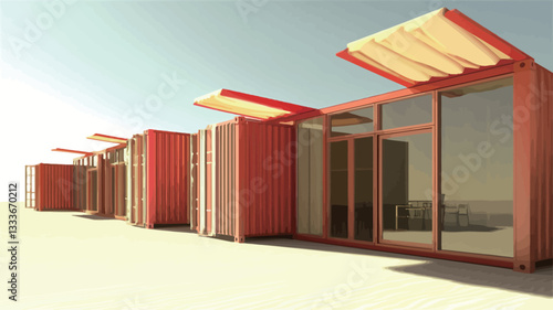 A 3D rendering depicts a row of red shipping containers converted into structures. Each container features large glass windows and a retractable awning. The containers are situated on a