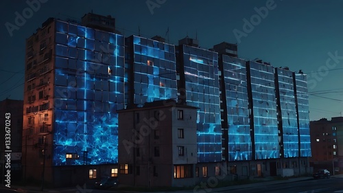 A gritty, neon-lit urban home with angled solar panels layered like armor across its jagged rooftop.