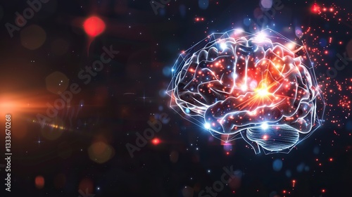 Glowing digital AI brain with intricate neural connections, symbolizing artificial intelligence, technology innovation, and data security concepts.
