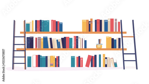 Illustration of a wooden bookshelf with two ladders on either side. The shelves are filled with a variety of colorful books, with some books standing upright and others lying horizontally. The