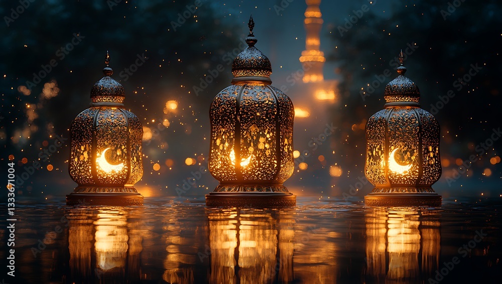 Obraz premium Ornate Lanterns Glowing at Twilight with Reflections on Water and a Lit Tower