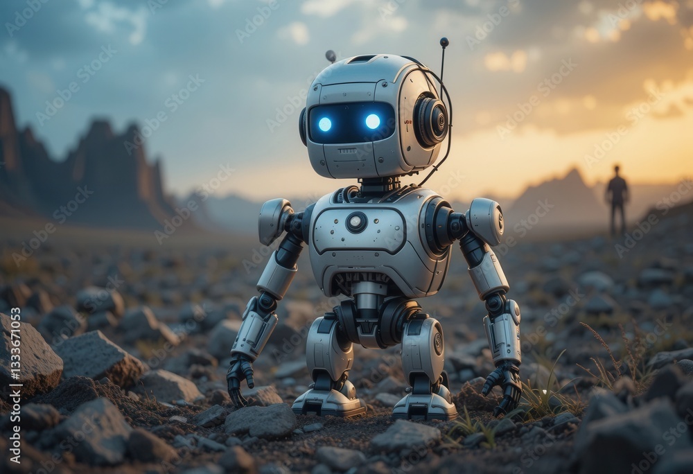 Small robot explores rocky terrain at sunset near mountains Small robot explores rocky terrain at sunset near mountains