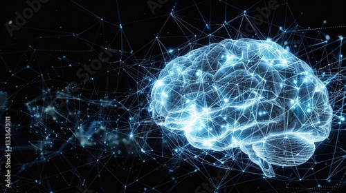 Glowing digital AI brain with intricate neural connections, symbolizing artificial intelligence, technology innovation, and data security concepts.
