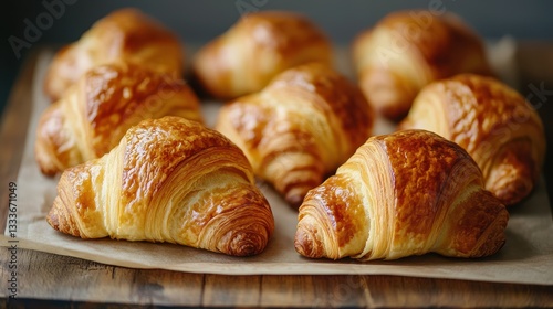 Wallpaper Mural Golden, flaky puff pastry French croissants arranged on a rustic table, showcasing their buttery layers and crispy texture. Torontodigital.ca