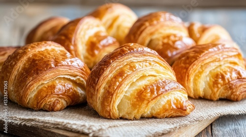 Wallpaper Mural Golden, flaky puff pastry French croissants arranged on a rustic table, showcasing their buttery layers and crispy texture. Torontodigital.ca