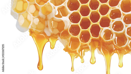 Close-up macro photograph of a section of honeycomb with honey dripping from the bottom. The honeycomb is predominantly golden amber in color, exhibiting a hexagonal cell structure filled with