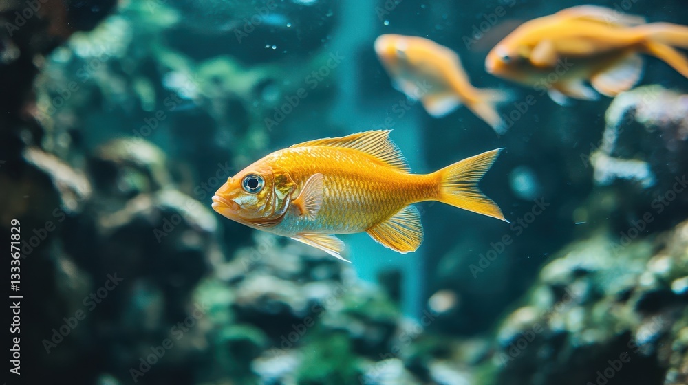 Golden ornamental fish gracefully swim at the bottom of an aquarium, adding a touch of elegance and tranquility to the underwater scene. Golden ornamental fish gracefully swim at the bottom of an aquarium, adding a touch of elegance and tranquility to the underwater scene.