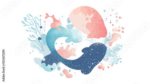 Digital illustration depicting stylized fish forming a heart shape.  The fish are rendered in pastel blues and pinks, with a textured appearance suggesting watercolor or gouache painting.  The
