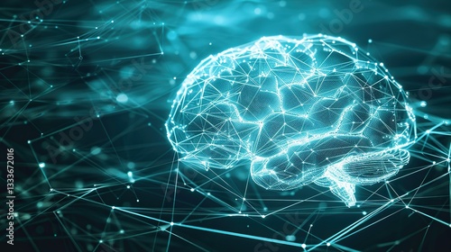 Glowing digital AI brain with intricate neural connections, symbolizing artificial intelligence, technology innovation, and data security concepts.

