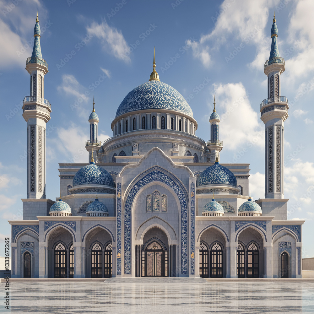 Fototapeta premium A grand white mosque with blue and gold details, featuring multiple domes and minarets against a bright blue sky.