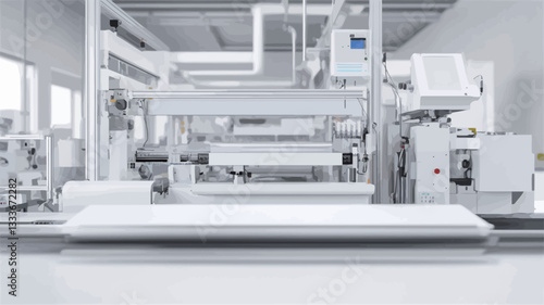 The image shows the interior of a modern industrial manufacturing facility.  The space is dominated by large, white, industrial machinery arranged in a production line.  The machinery appears clean