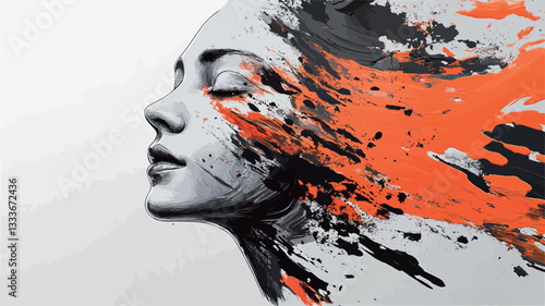 The image is a digital artwork depicting an abstract portrait of a woman's face in profile. The woman's face is rendered in grayscale, with a smooth, almost photographic quality to the skin. From