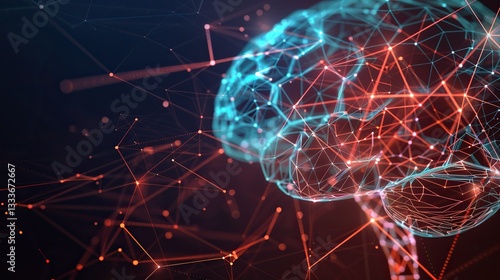 Glowing digital AI brain with intricate neural connections, symbolizing artificial intelligence, technology innovation, and data security concepts.
