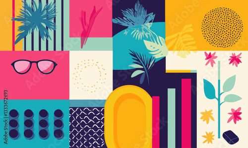Vibrant Geometric Summer Background with Tropical Elements and Patterns
