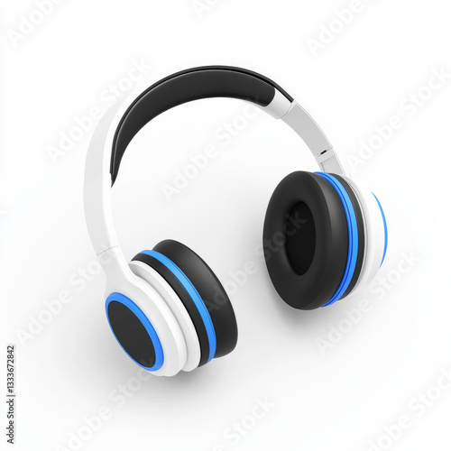 3D Rendered Headset Icon, Black and Blue Colors, Isolated on White Background.