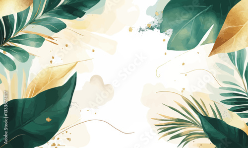 Elegant Abstract Gold and Green Tropical Leaves Background Vector Art