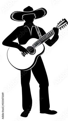 Silhouette of Mariachi Guitar Player in Sombrero Highlighting Mexican Culture