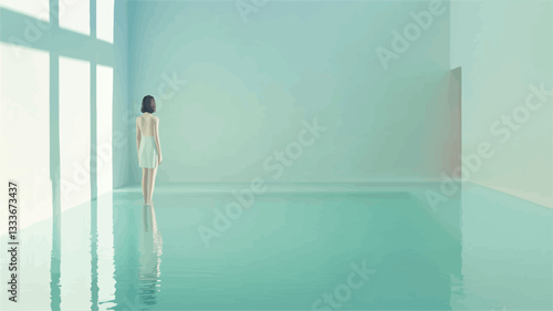 The image shows a woman from behind, wearing a white dress, standing in a large, minimalist interior space.  The floor appears to be a shallow, reflective pool of light teal water.  The walls are