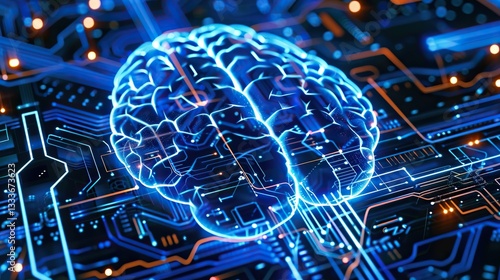Glowing digital AI brain with intricate neural connections, symbolizing artificial intelligence, technology innovation, and data security concepts.
