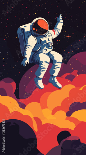 Fearless Astronaut Floating Above Nebula in Minimalist Vector Space Illustration