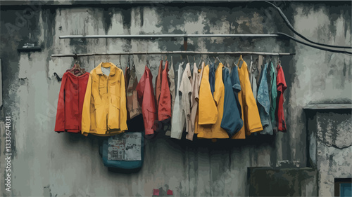The image shows a metal clothesline affixed to a heavily textured, weathered concrete wall.  A variety of colored jackets and coats hang on the line, exhibiting various states of wear.  The colors