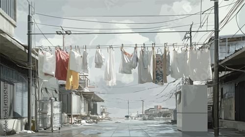 The image shows a long shot of a narrow alleyway with clothes hanging on a clothesline strung across the width of the alley.  The clothing is mostly light-colored and appears to be drying. The