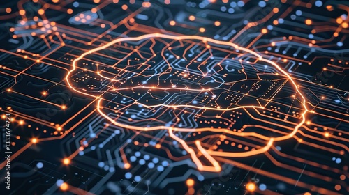Glowing digital AI brain with intricate neural connections, symbolizing artificial intelligence, technology innovation, and data security concepts.
