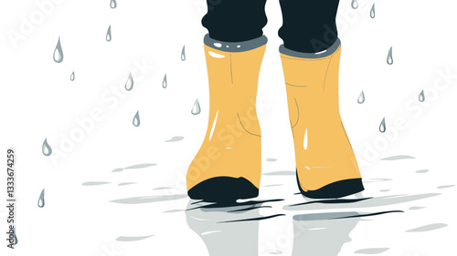 A digital illustration depicting a close-up view of a pair of yellow rain boots standing in a puddle.  The boots are partially submerged in the water.  Raindrops are shown falling around the boots.