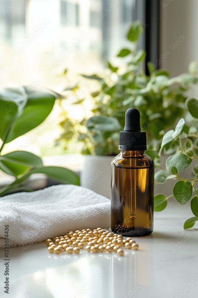 Amber Glass Dropper Bottle with Green Plants in a Minimalist Setting