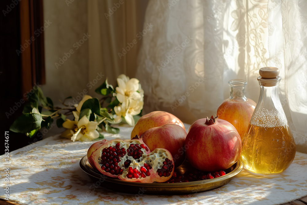 Still Life with Pomegranates and Honey in a Vintage Aesthetic