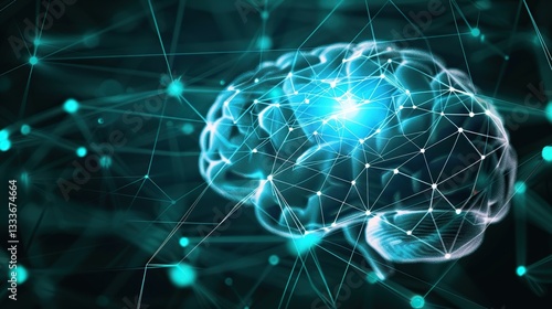 Glowing digital AI brain with intricate neural connections, symbolizing artificial intelligence, technology innovation, and data security concepts.
