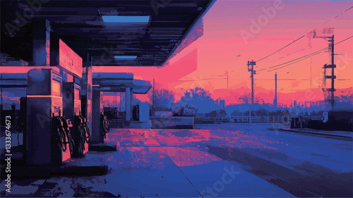 The image depicts a gas station at dusk or dawn. The sky is a vibrant mix of pink, purple, and blue hues.  Snow covers the ground, and the wet pavement reflects the colorful sky. The gas pumps are