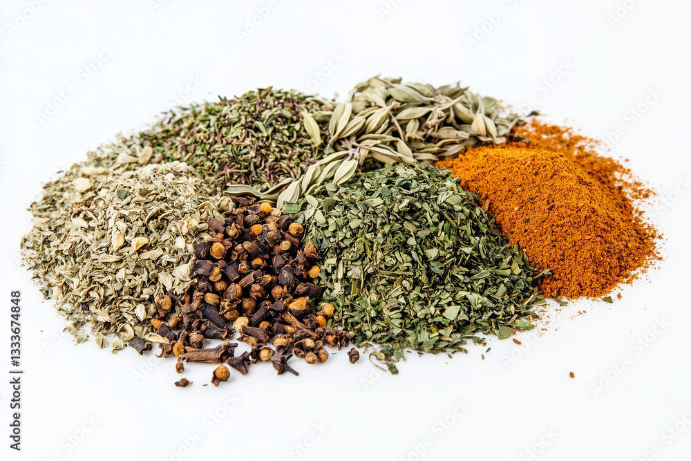 Assorted Dried Herbs and Spices Piled Together in a Flat Lay