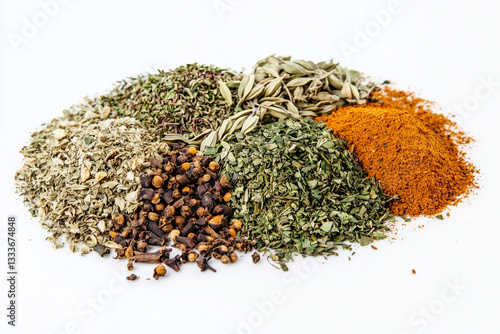 Assorted Dried Herbs and Spices Piled Together in a Flat Lay