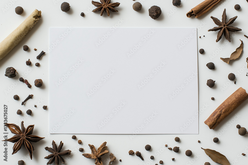 White Blank Card with Spices and Star Anise on the Side for Text Placement