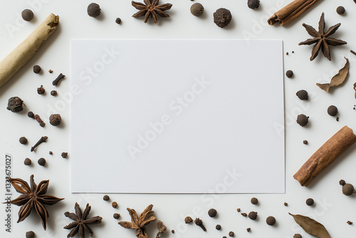White Blank Card with Spices and Star Anise on the Side for Text Placement
