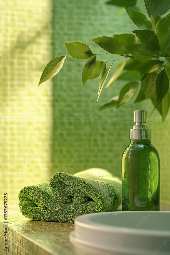 Essential Oil Bottle with Green Leaves and Soft Lighting