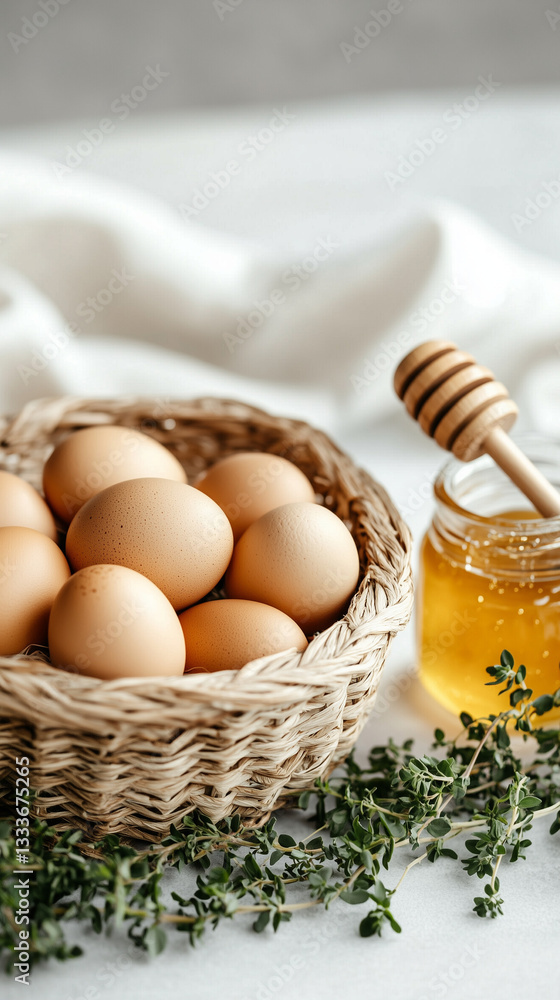 Basket of Fresh Eggs with Honey Jar and Wooden Honey Dipper