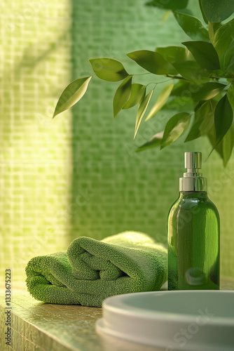 Obraz na płótnie Essential Oil Bottle with Green Leaves and Soft Lighting w salonie