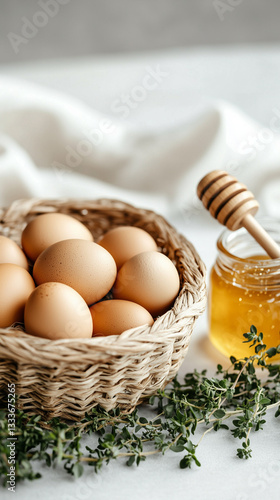 Obraz na płótnie Basket of Fresh Eggs with Honey Jar and Wooden Honey Dipper w salonie