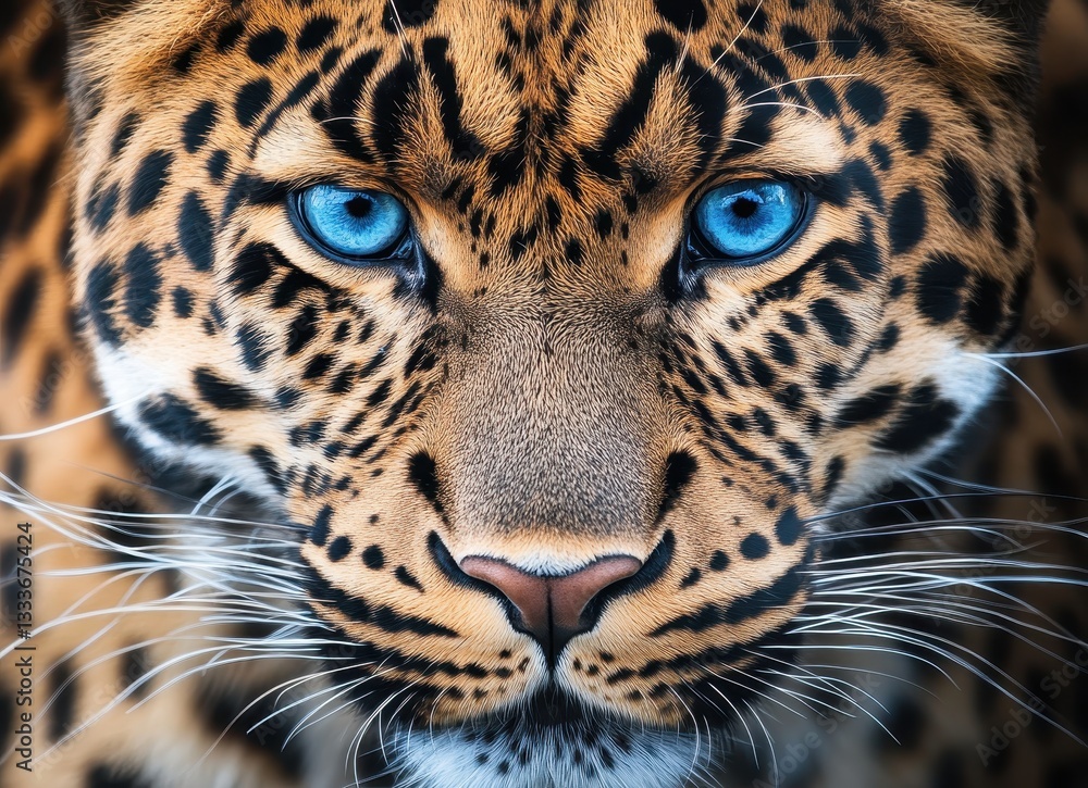 Obraz premium Close-Up of a Beautiful Leopard with Striking Blue Eyes Showcasing Majestic Features and Unique Spots in a Natural Habitat Setting