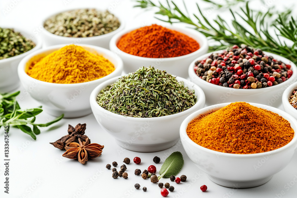 Bowls of Colorful Spices with Star Anise and Rosemary