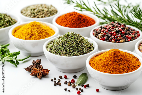 Obraz na płótnie Bowls of Colorful Spices with Star Anise and Rosemary
w salonie