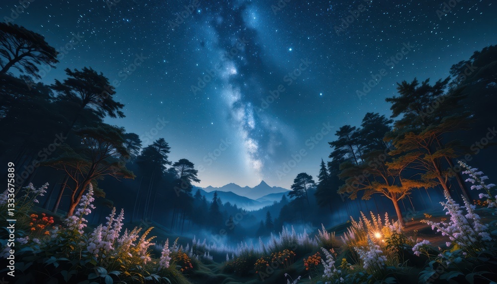 Naklejka premium Stargazing adventure enchanted forest nightscape serene wilderness aesthetic view cosmic beauty