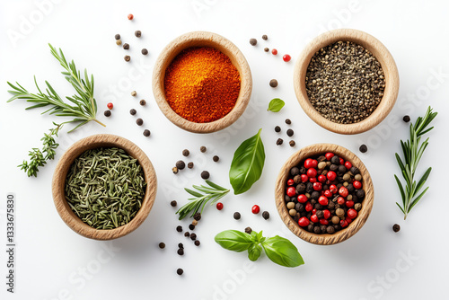 Wooden Bowls with Assorted Spices and Herbs
