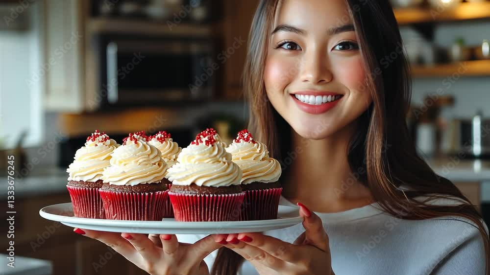 Smiling Woman Presenting Delicious Red Velvet Cupcakes Smiling Woman Presenting Delicious Red Velvet Cupcakes