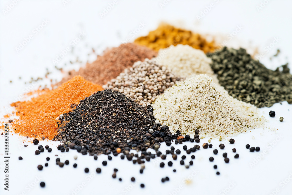 Assorted Grains and Spices in Rows on White Background